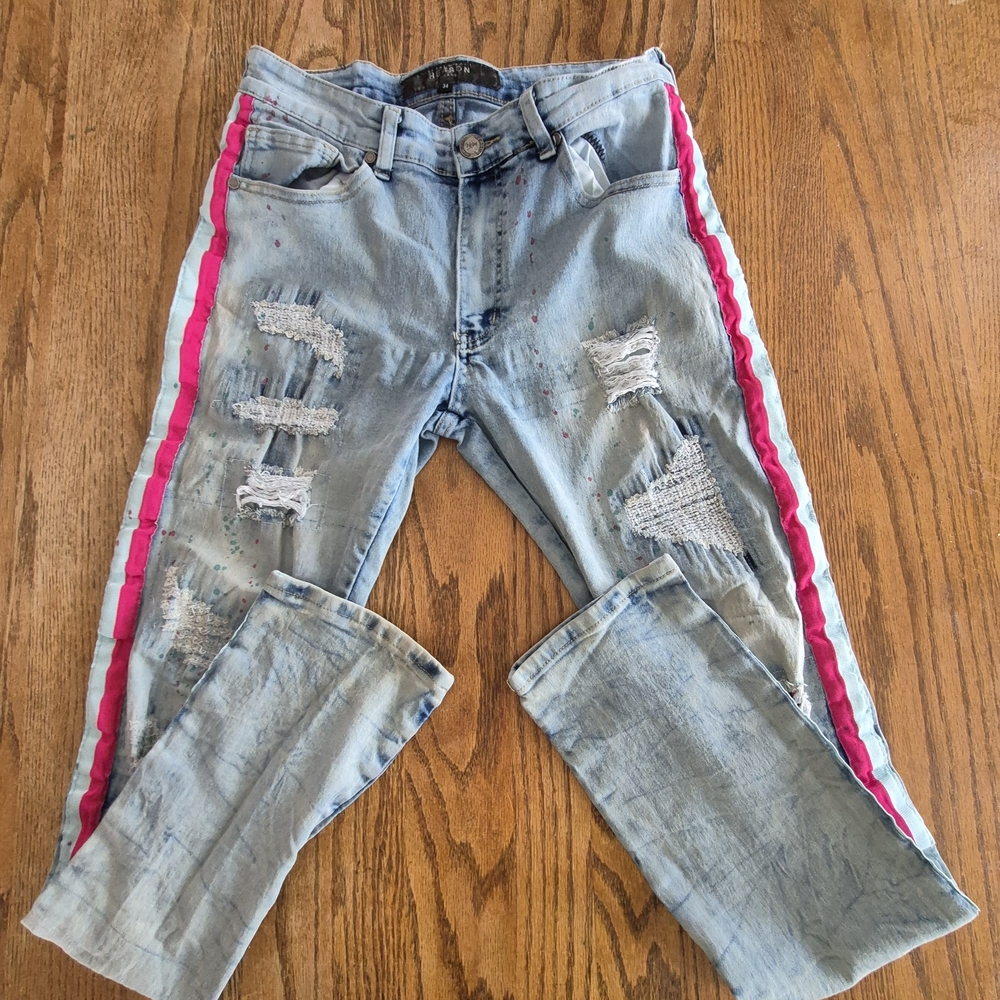 Reason Men's 34 Distressed Jeans Pink/Blue Side Stripe Paint Splatter Details